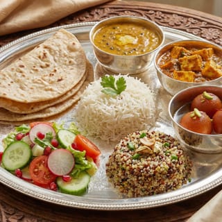 Govinda Thali (Roti, Rice, Dal or Beans, Quinoa, Paneer Sabzi, Salad & Sweet)